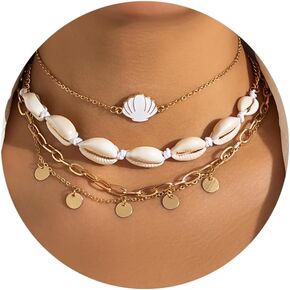 Shell Necklaces for Women Layered Gold Boho Beaded Seashell Choker Adjustable Pearl Starfish Necklace Beach Jewelry Hawaiian Summer Accessories for Women