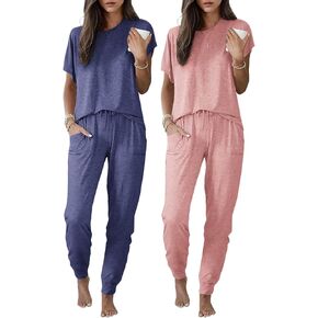 Ekouaer 2 pack Pajama Sets for Womens Jogger Pants Pjs Short Sleeves Lounge Set Soft Sleepwear with Pockets