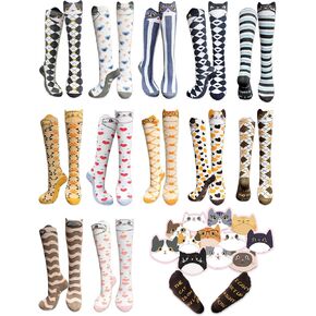 12 Pairs Cute Cat Knee High Socks for Women Cat Socks Women Knee High Socks Novelty Gifts For Women Teenage Girls Girlfriend Animal Lovers