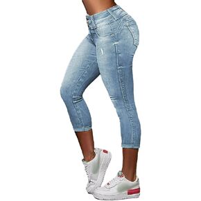 سراويل جينز Capri Capri للنساء بعقب يرفع منتصف الصعود النحيف كابريس جينز جينز