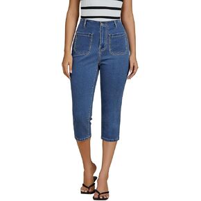luvamia Capris Jeans for Women Trendy High Waisted Patch Pocket Casual Summer Cropped Stretchy Denim Skinny Capri Pants