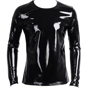 Panegy Men's Liquid Shiny Leather Shirt Jacket Slim Fit Wetlook Party Nightout Club 70s/80s Disco Blouse Tshirt