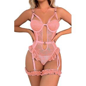 Women's Sexy Underwire 2 Piece Lingerie Floral Lace Teddy V Neck Push UP Bra and Garter