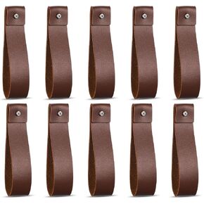 10pcs PU Leather Straps for Hanging Wall Hooks 1 x 4.7 Inches Curtain Rod Holder Leather Wall Hanging Strap with Screws Leathers Hook Lanyard for Bathroom Kitchen Walls Mounted Loop Towel Hook (Brown)