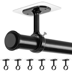 No Drill Curtain Rod Brackets, (6 Pack) Ceiling Mount Self Adhesive Rod Holder No Screw, Heavy Duty Curtain Hooks Hanging 1.2" Dia Curtain Rods for Bathroom Bedroom Kitchen