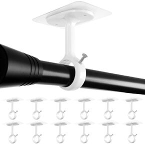 12-Pack No Drill Ceiling Mount Curtain Rod Brackets, Adhesive Screw-Free Curtain Rod Holders, No Damage Drillless Curtain Rods Hangers Hooks for Rods from 0.8 to 1.24 Inches (White)