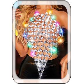 Aukmla Crystal Bra Body Chain Top Silver Rhinestones Light Up Halter Crop Tops LED Beach Bikini Chest Chains Body Jewelry for Women