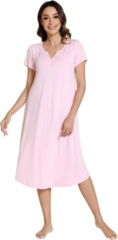 NACHILA Nightgowns for Women-Viscose Made from Bamboo, Short Sleeve Night Gown Cool Night Shirts Pleated Sleepwear in Kuwait