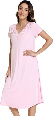 NACHILA Nightgowns for Women-Viscose Made from Bamboo, Short Sleeve Night Gown Cool Night Shirts Pleated Sleepwear in Kuwait