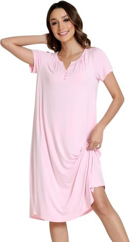 NACHILA Nightgowns for Women-Viscose Made from Bamboo, Short Sleeve Night Gown Cool Night Shirts Pleated Sleepwear in Kuwait