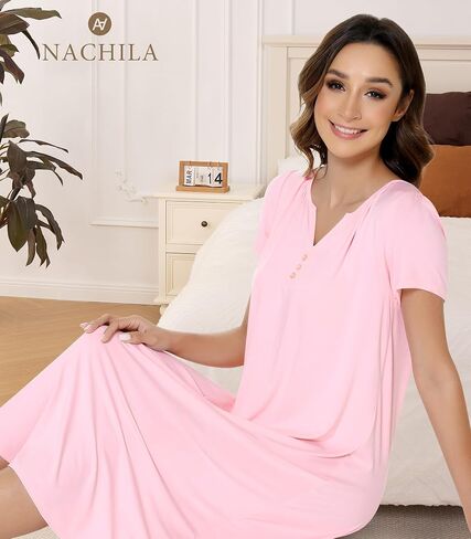 NACHILA Nightgowns for Women-Viscose Made from Bamboo, Short Sleeve Night Gown Cool Night Shirts Pleated Sleepwear in Kuwait