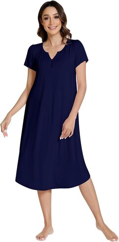 NACHILA Nightgowns for Women-Viscose Made from Bamboo, Short Sleeve Night Gown Cool Night Shirts Pleated Sleepwear in Kuwait