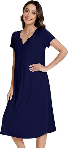 NACHILA Nightgowns for Women-Viscose Made from Bamboo, Short Sleeve Night Gown Cool Night Shirts Pleated Sleepwear in Kuwait