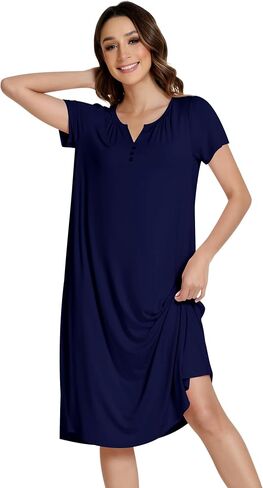 NACHILA Nightgowns for Women-Viscose Made from Bamboo, Short Sleeve Night Gown Cool Night Shirts Pleated Sleepwear in Kuwait