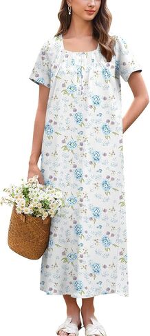 Ekouaer Cotton Lightgowns for Women Short Sleeve Sleeedshird سيدات Victorain Sleepwear ملابس ناعمة مع جيوب in Kuwait