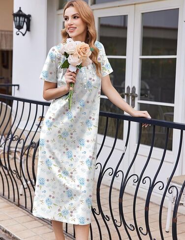 Ekouaer Cotton Lightgowns for Women Short Sleeve Sleeedshird سيدات Victorain Sleepwear ملابس ناعمة مع جيوب in Kuwait
