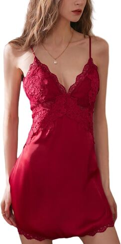 Satin Nightgown for Women Sexy Babydoll Lingerie Dress Silk Lace Slip Dress Nithties in Kuwait