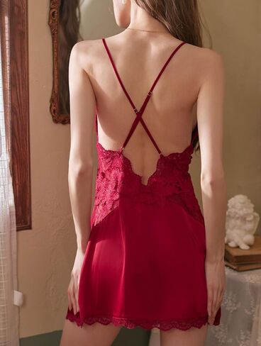Satin Nightgown for Women Sexy Babydoll Lingerie Dress Silk Lace Slip Dress Nithties in Kuwait