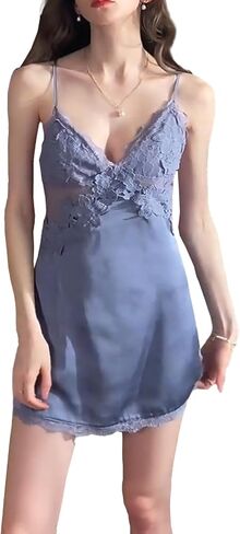 Satin Nightgown for Women Sexy Babydoll Lingerie Dress Silk Lace Slip Dress Nithties in Kuwait