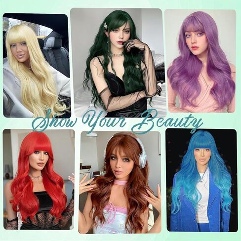 الباروكات الباروكات الطويلة للنساء مع بانجز للنساء للنساء الباروكات الاصطناعية المقاومة للحرارة للمسرحيات اليومية لحفلات الشتاء الشتوية (26 بوصة ، أرجوانية) in Kuwait