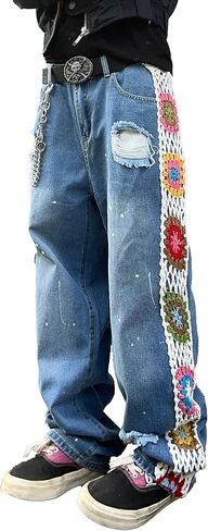 Mens Womens Ripped Baggy Jeans Floral Crochet Wide Leg Denim Pants Casual Loose Distressed Destroyed Jeans in Saudi Arabia