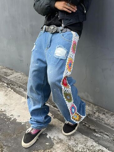 Mens Womens Ripped Baggy Jeans Floral Crochet Wide Leg Denim Pants Casual Loose Distressed Destroyed Jeans in Saudi Arabia