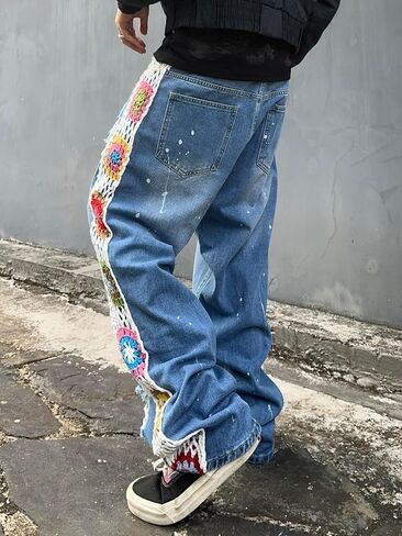 Mens Womens Ripped Baggy Jeans Floral Crochet Wide Leg Denim Pants Casual Loose Distressed Destroyed Jeans in Saudi Arabia