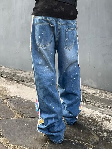 Mens Womens Ripped Baggy Jeans Floral Crochet Wide Leg Denim Pants Casual Loose Distressed Destroyed Jeans in Saudi Arabia