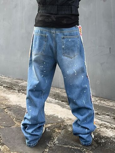Mens Womens Ripped Baggy Jeans Floral Crochet Wide Leg Denim Pants Casual Loose Distressed Destroyed Jeans in Saudi Arabia