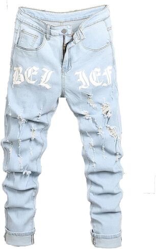 Mens Womens Lightweight Slim Fit Stretch Ripped Jeans Summer Spring Distressed Destroyed Denim Pan Skinny Jeans in Kuwait
