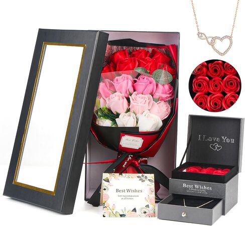 Rose Bouquet Rosas Eternas Preserved Rose Bouquet 18 Flower Bouquet with Beautiful Love Necklace, Unique Gift for Birthday, Valentine's Day, Mother's Day, Thanksgiving, Christmas, Anniversary in Kuwait