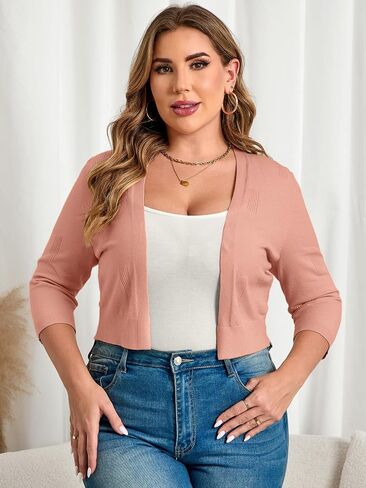 TAKEYAL Womens Plus Size Shrug 3/4 Sleeve Lightweight Open Front Knit Cropped Cardigan Sweater XL-5XL in Saudi Arabia