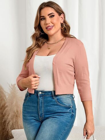 TAKEYAL Womens Plus Size Shrug 3/4 Sleeve Lightweight Open Front Knit Cropped Cardigan Sweater XL-5XL in Saudi Arabia