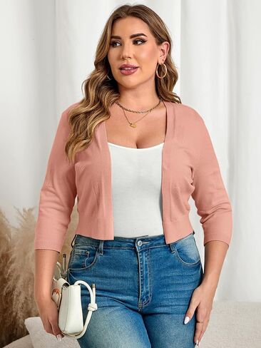 TAKEYAL Womens Plus Size Shrug 3/4 Sleeve Lightweight Open Front Knit Cropped Cardigan Sweater XL-5XL in Saudi Arabia