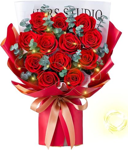Mosstory Flower Bouquet 12-Piece Red Preserved Roses Bouquet with Led Lights Gift for Women Wife Mother Day Wedding Anniversary Birthday (Black) in Saudi Arabia