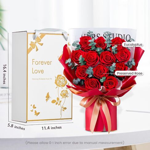 Mosstory Flower Bouquet 12-Piece Red Preserved Roses Bouquet with Led Lights Gift for Women Wife Mother Day Wedding Anniversary Birthday (Black) in Saudi Arabia