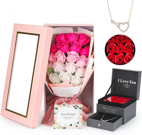 Rose Bouquet Rosas Eternas Preserved Rose Bouquet 18 Flower Bouquet with Beautiful Love Necklace, Unique Gift for Birthday, Valentine's Day, Mother's Day, Thanksgiving, Christmas, Anniversary in Kuwait