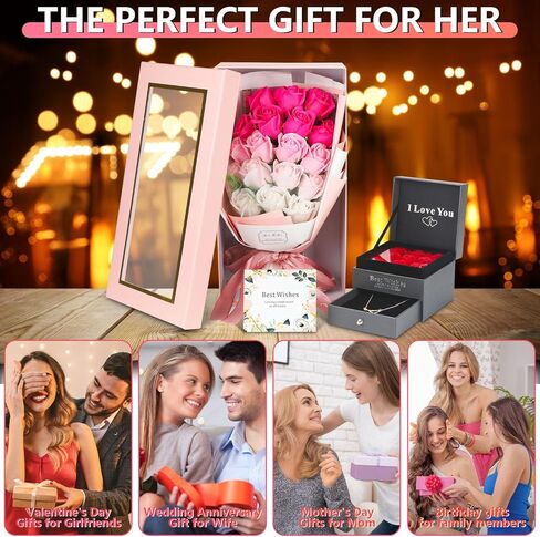 Rose Bouquet Rosas Eternas Preserved Rose Bouquet 18 Flower Bouquet with Beautiful Love Necklace, Unique Gift for Birthday, Valentine's Day, Mother's Day, Thanksgiving, Christmas, Anniversary in Kuwait