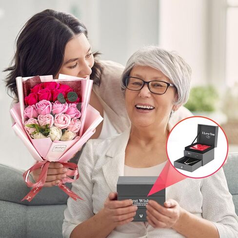 Rose Bouquet Rosas Eternas Preserved Rose Bouquet 18 Flower Bouquet with Beautiful Love Necklace, Unique Gift for Birthday, Valentine's Day, Mother's Day, Thanksgiving, Christmas, Anniversary in Kuwait