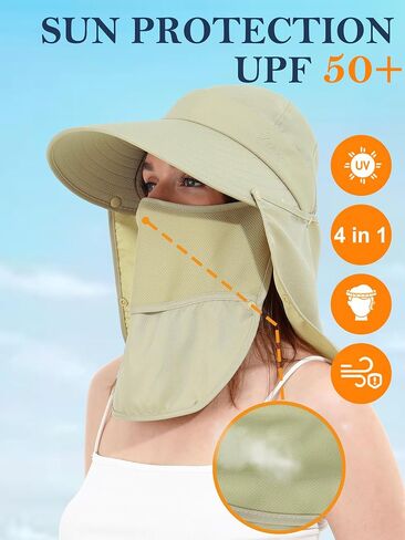 LA CARRIE Women Sun Hats Detachable Wide Brim UV UPF 50+ Face Mask Visor with Neck Flap Hat for Summer Beach in Kuwait
