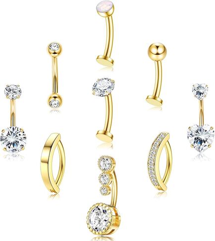 FIASASO 9 Pcs Floating Belly Button Ring Gold - Surgical Stainless Steel CZ Opal Heart Clicker Belly Piercings for Women Navel Pack Silver/Gold in Kuwait