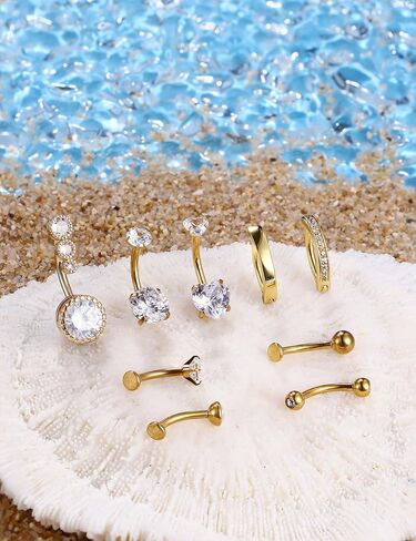 FIASASO 9 Pcs Floating Belly Button Ring Gold - Surgical Stainless Steel CZ Opal Heart Clicker Belly Piercings for Women Navel Pack Silver/Gold in Kuwait