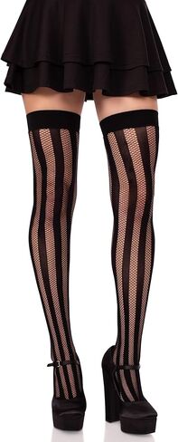 Leg Avenue Womens Net and Opaque Striped Thigh Highs, BLACK in Saudi Arabia