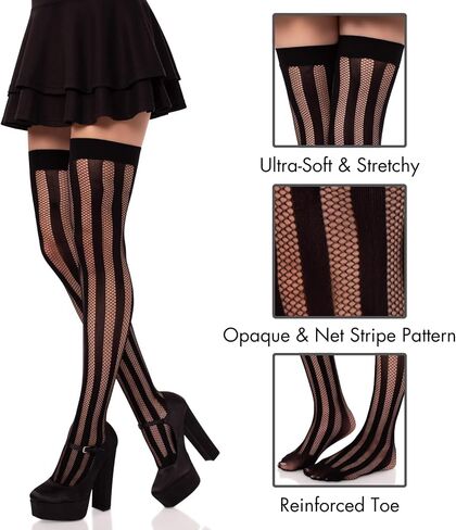 Leg Avenue Womens Net and Opaque Striped Thigh Highs, BLACK in Saudi Arabia