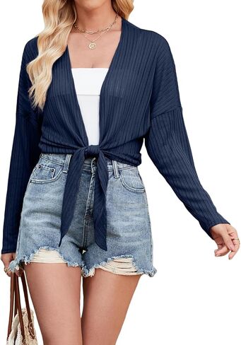 ZANZEA Tie Front Cardigan for Women Long Sleeve Sheer Bolero Shrug for Dresses Lightweight Cropped Shawl in Saudi Arabia