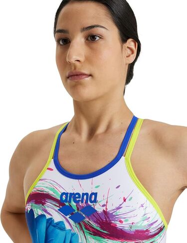 ARENA Women's Standard Single Design Seamless One Piece Swimsuit, White/Soft Green/Neon Blue, 34 in Saudi Arabia