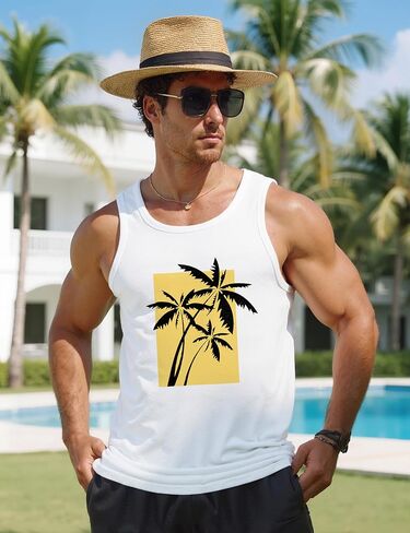 Men Tank Top Beach Summer Hawaii Vacation Plam Tree Graphic Workout Muscle Sleeveless Shirts for Men in Kuwait