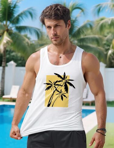Men Tank Top Beach Summer Hawaii Vacation Plam Tree Graphic Workout Muscle Sleeveless Shirts for Men in Kuwait