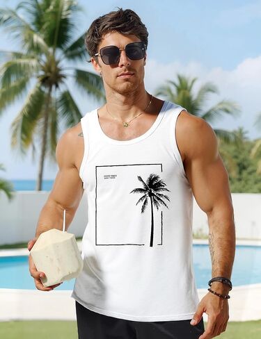 الرجال TANK TOP BEACH SUMMER HAWAII HAIDY PLAM TREE GRAPHIC TREECOUT MUSCLY SLIEFESS in Kuwait