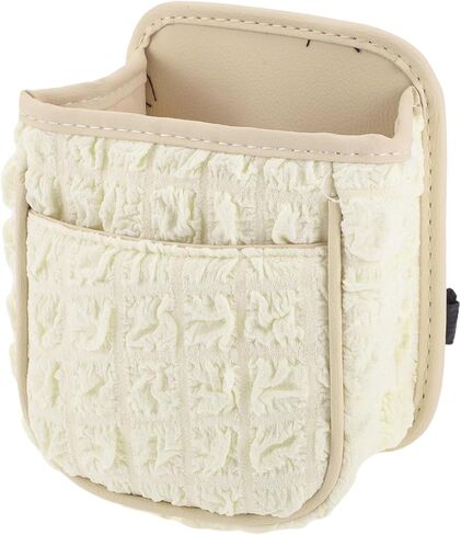 Car Trash Can Portable and Hanging 6.3" Length 3.9" Width 7.1" Height Trash Bin Fabric Beige White 1 Pcs in Kuwait